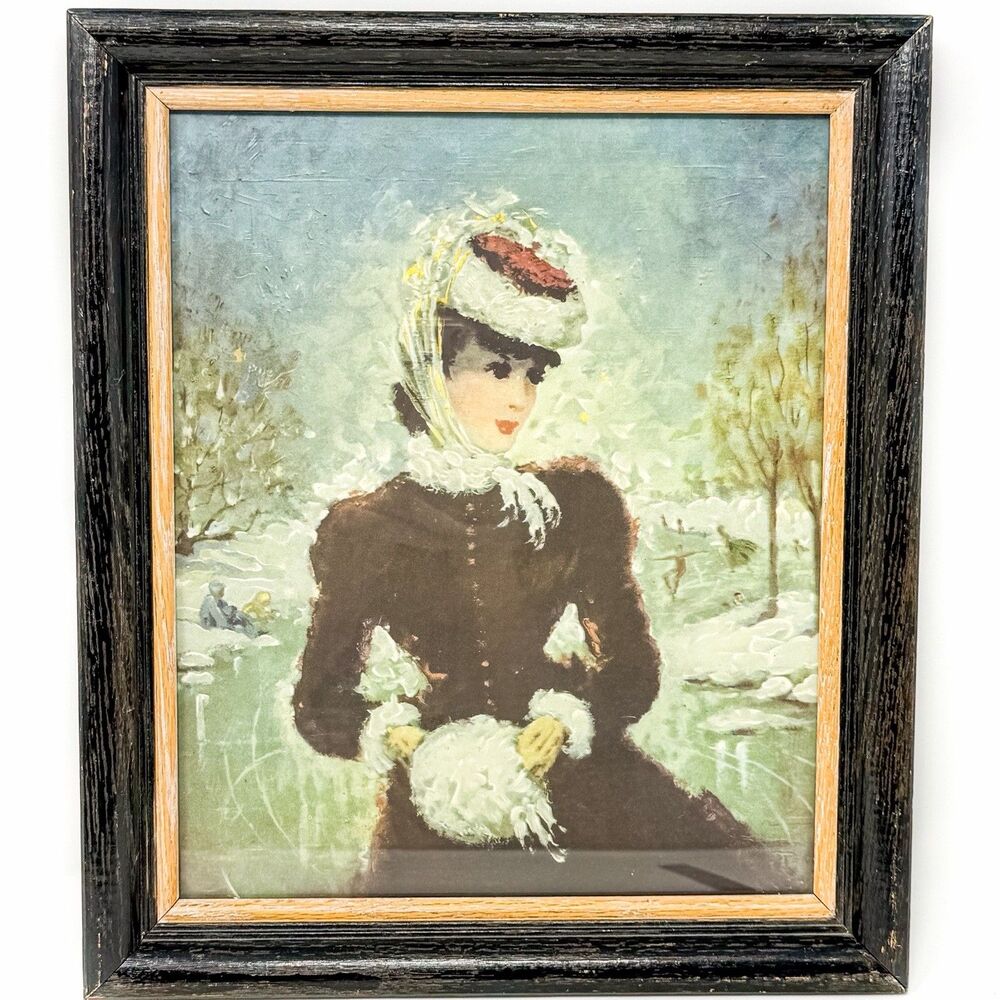 Vintage Framed Cherry Jeffe Huldah Woman In Black With Muff Art Print 14x12